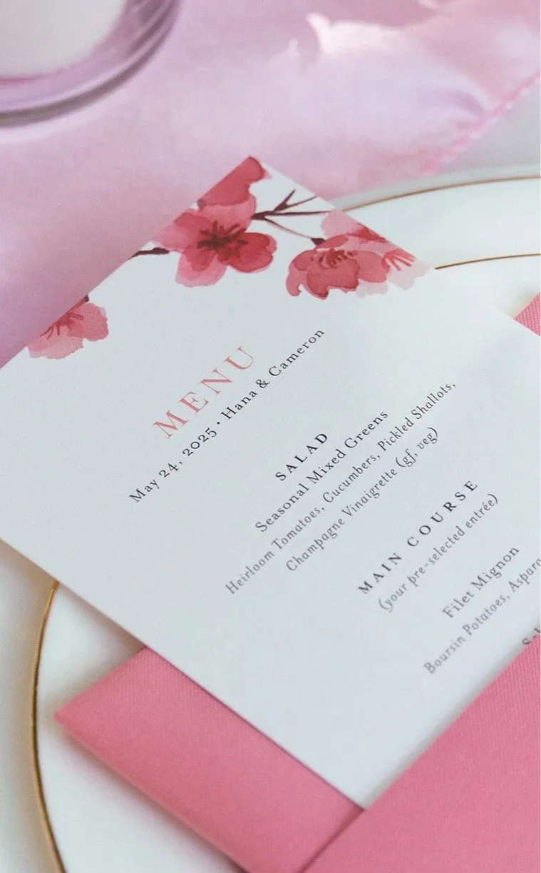 4x9" custom watercolor art wedding dinner menu with cherry blossom design and fancy typography