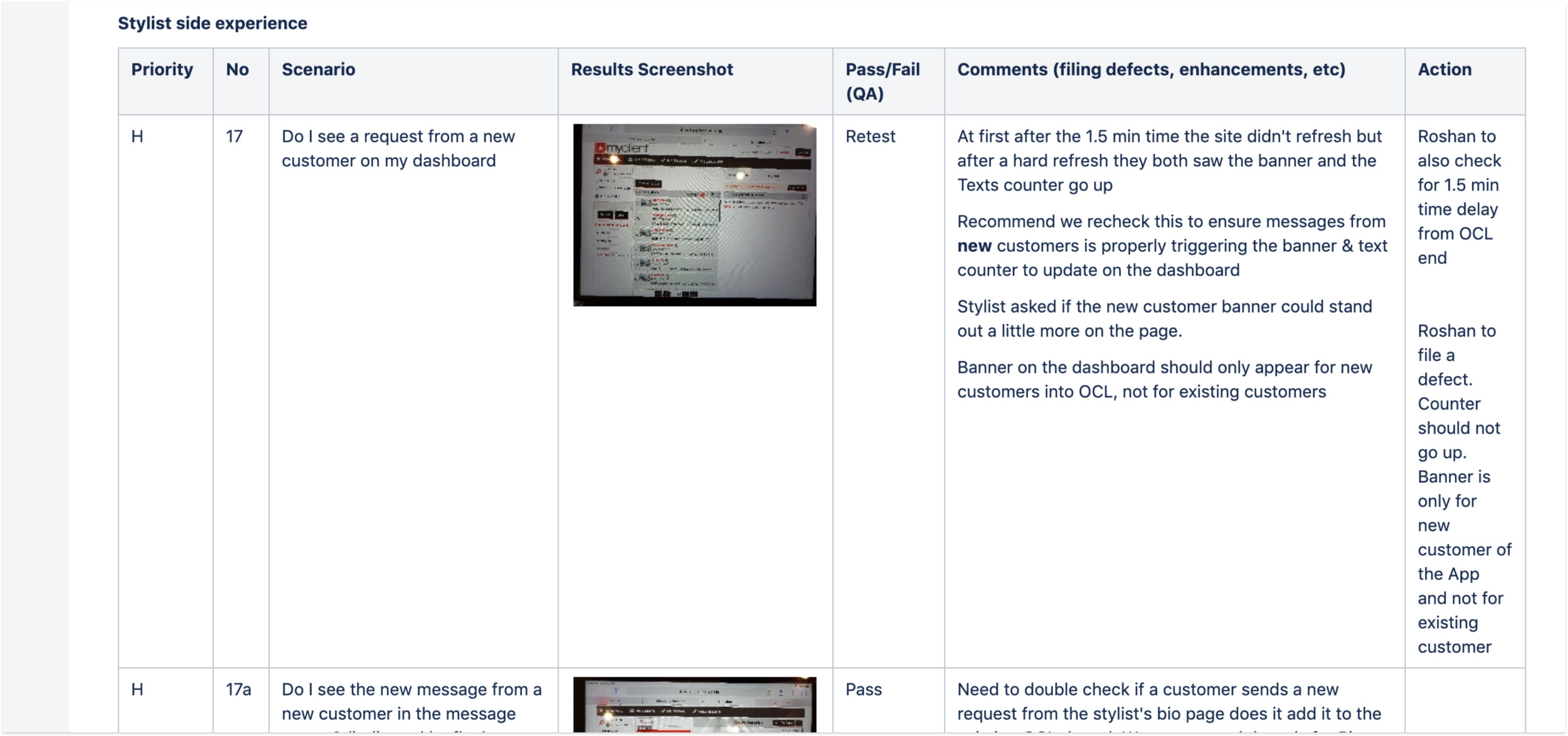 Excerpt from Confluence end-to-end test results page