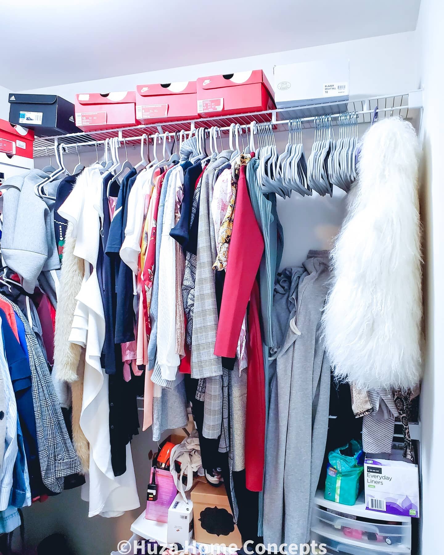 Closet 1 (before): The client had a hard time locating items when needed. Items sometimes slipped off of hangers, and the closet was serving as bathroom storage as well.