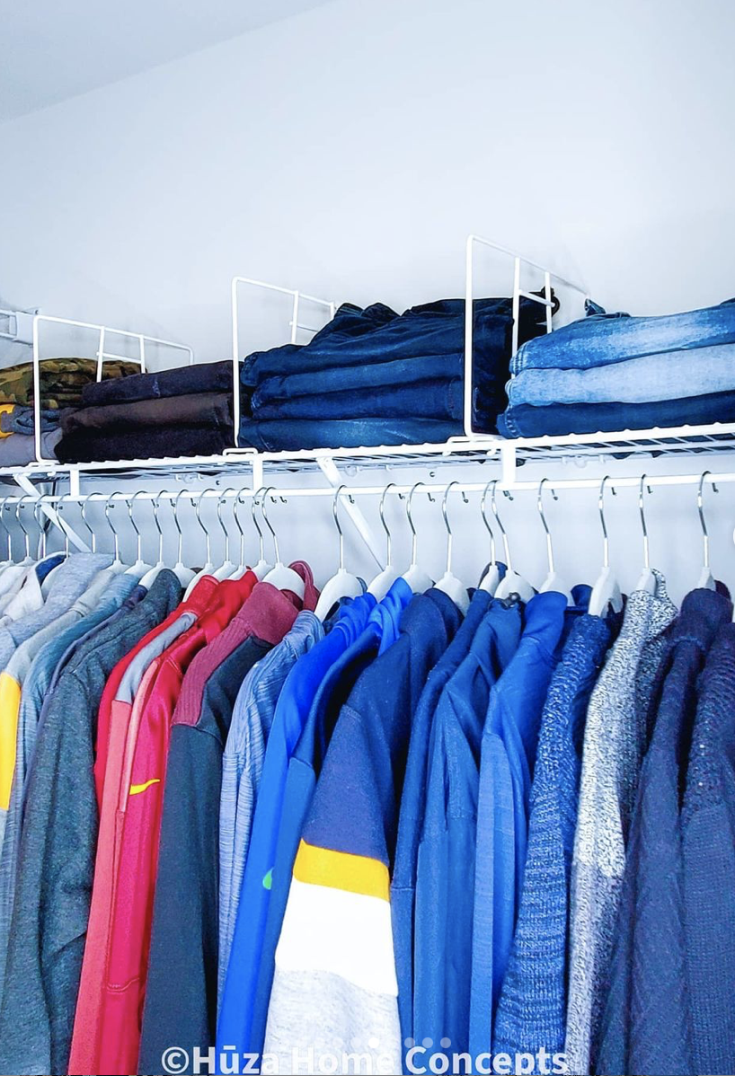 Closet - right side (after): Hanging jackets and hoodies helped save space in the dresser and allowed the client to grab a quick extra layer when needed.