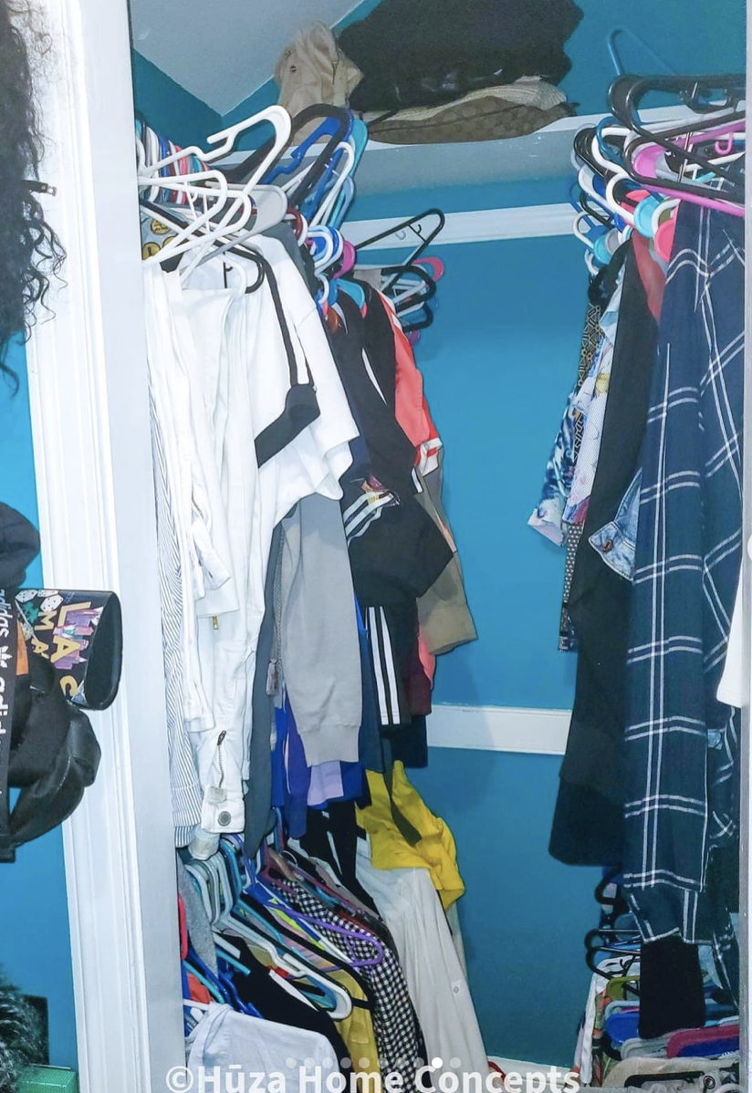 Closet - Clothes (before): Space needed to be made for a significant other, so creating zones was key.