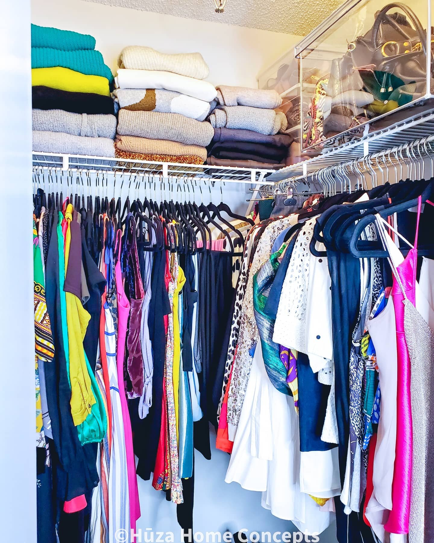 Closet (after): Matching velvet hangers created cohesion and provided enough grip to keep garments no hangers. Purse storage in acrylic containers also meant items didn't fall.