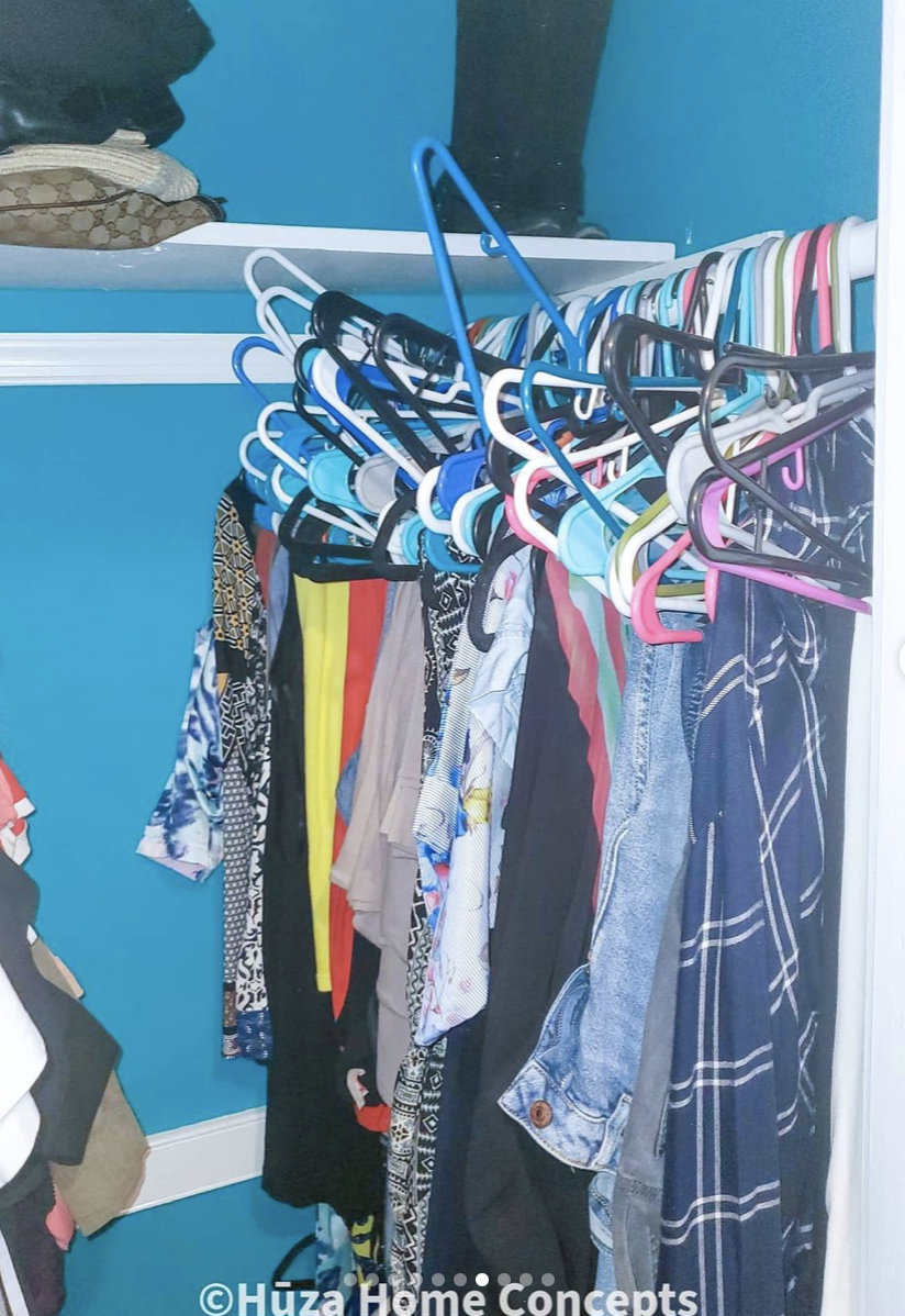 Closet - Clothes (before): Hangers were mismatched, and clothes often fell off the plastic hangers.