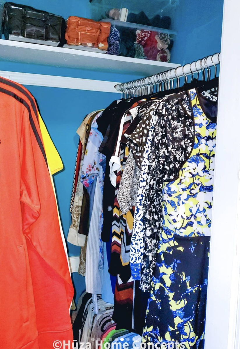 Closet - Clothes (after): Velvet hangers kept items securely in place.