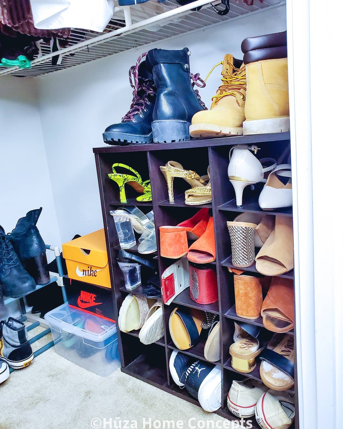 Closet (after): Including a shoe shelving unit helps to organize shoes.