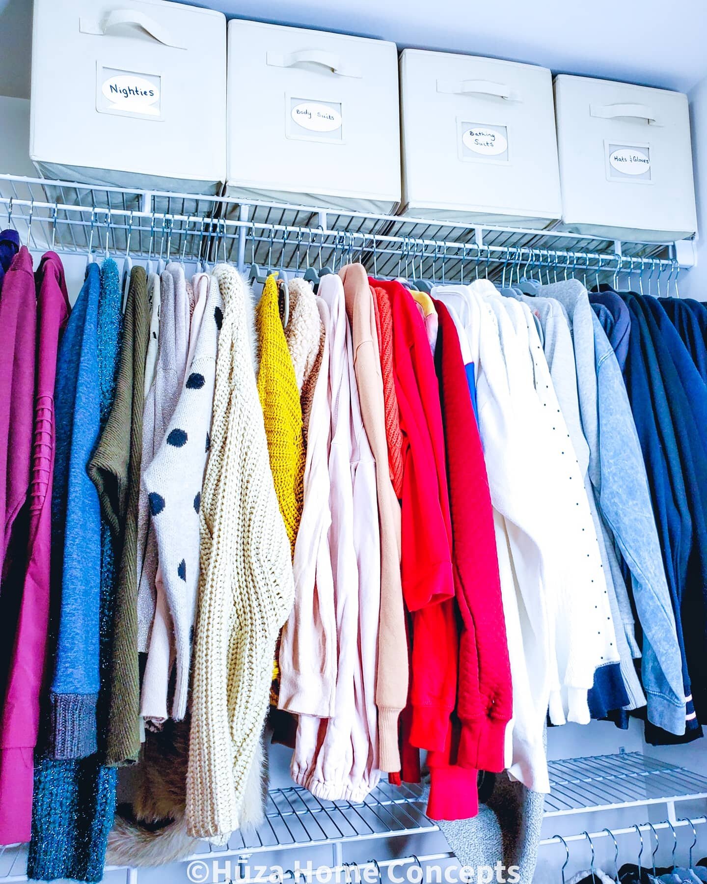 Closet 1 (after): Making sure everything has a home with a section just for sweaters. These used to be folded in a back, corner shelf, and now they get to shine.