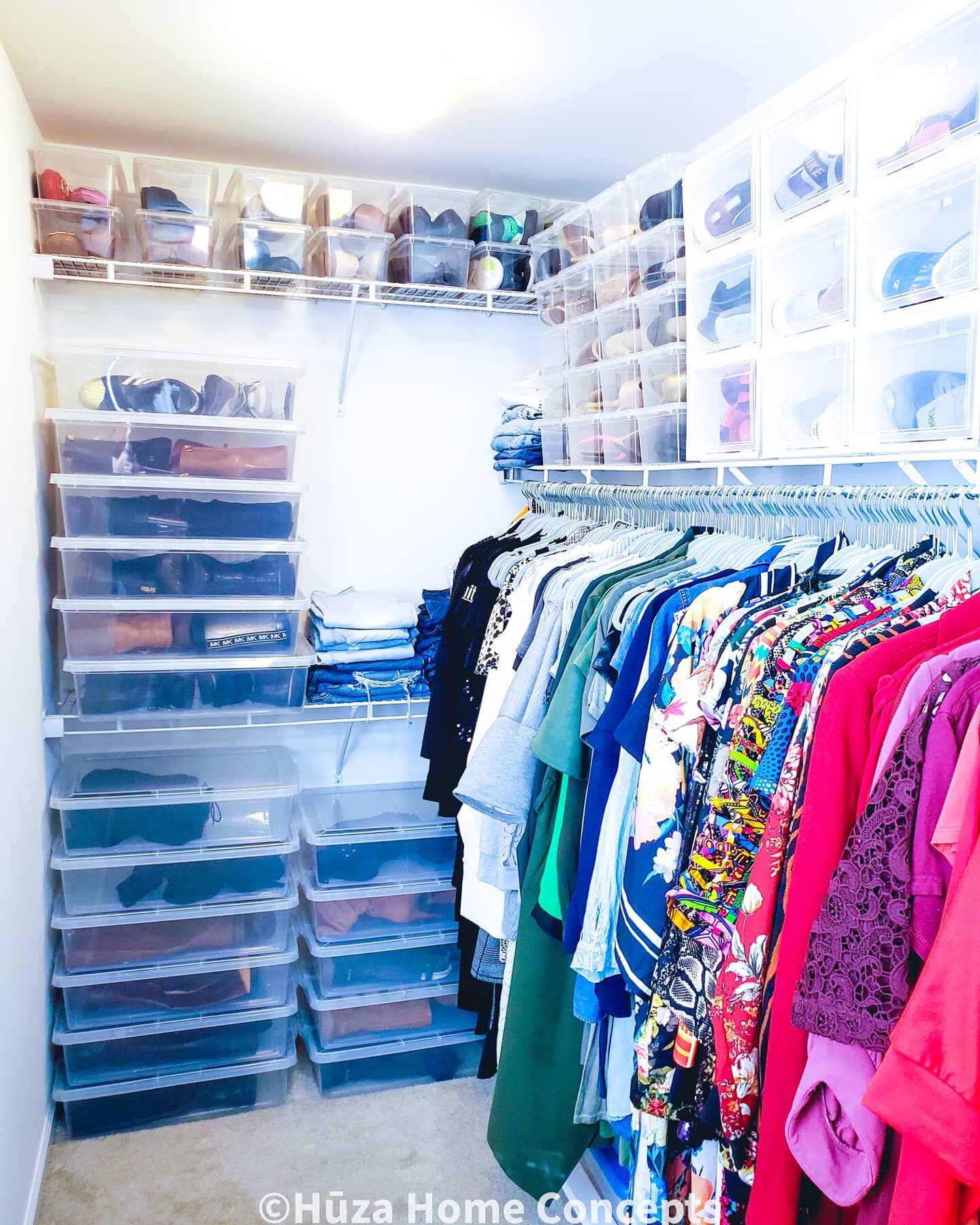 Closet 1 (after): With shoes sorted by function and color, we created an accessible system that gave back so much closet space. Now, it can be used as a place to get ready, and not just storage.