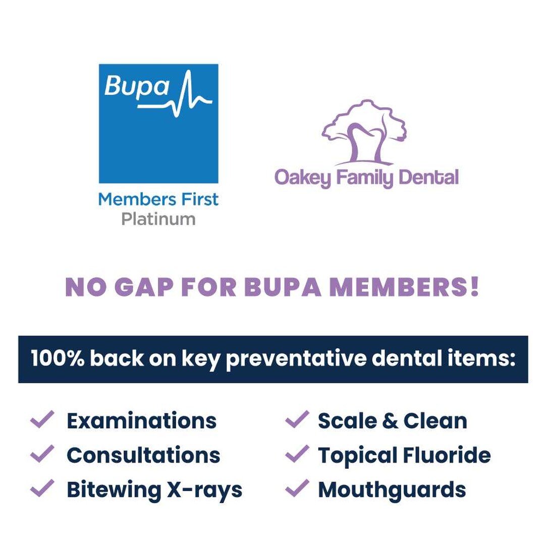 👋 Now No Gap for Bupa Members! Receive 100% back on key preventative dental items including:
✔️Examinations 
✔️Consultations
✔️Bitewing X-rays
✔️Scale and Clean
✔️Topical Fluoride
✔️Mouthguards
Available for all Bupa customers with both hospital and