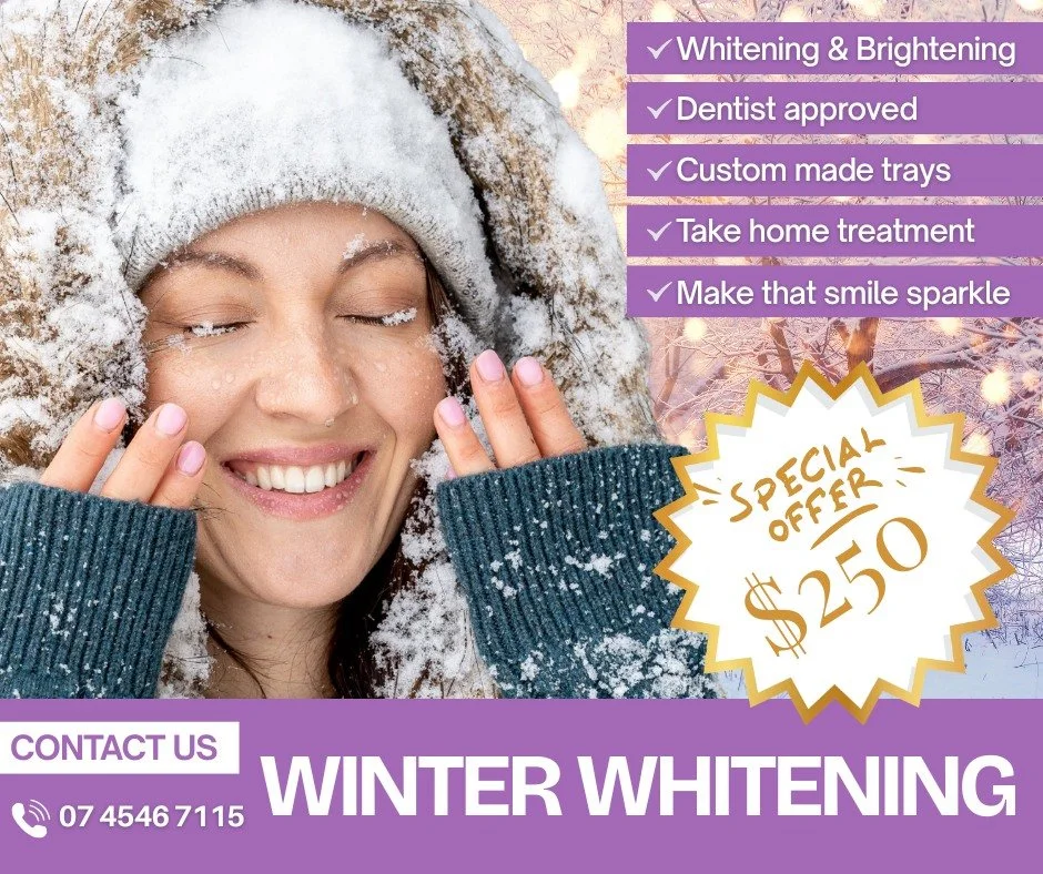 Cold mornings, warm coffees and brighter smiles ❄️

Treat yourself this JUNE/JULY with our Winter Whitening Special &mdash; professional take-home whitening for just $250.

Because not every smile is the same, a quick dental check is needed first to 