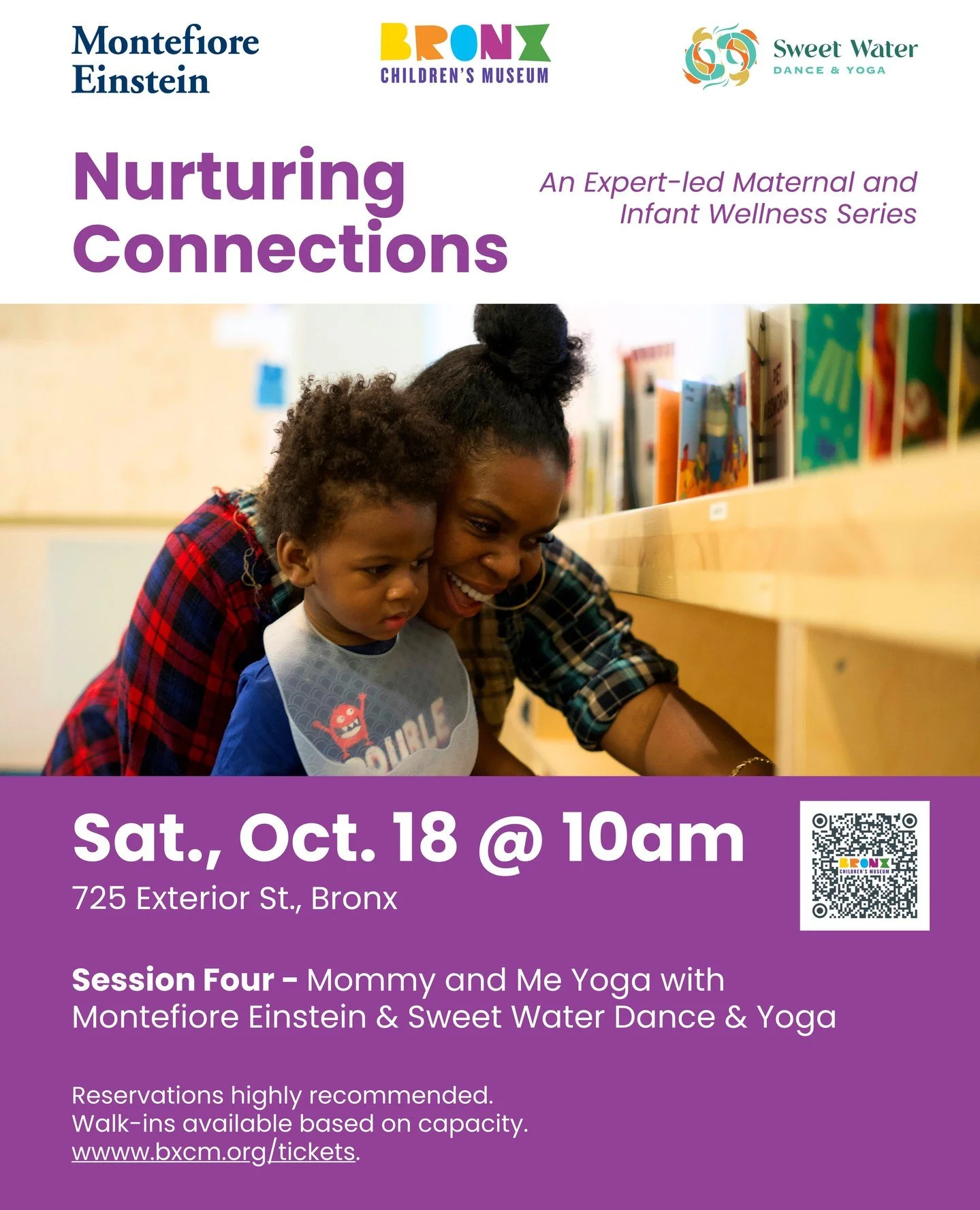 Mark your calendars! Sweet Water will be hosting Mommy &amp; Me Yoga this Saturday, 10/18 from 11A - 12P at the Bronx Children's Museum!⁠
⁠
Class will be taught by the one and only Chantell Jackson.⁠
⁠
Make sure to RSVP as spots are limited!⁠
⁠
#moth