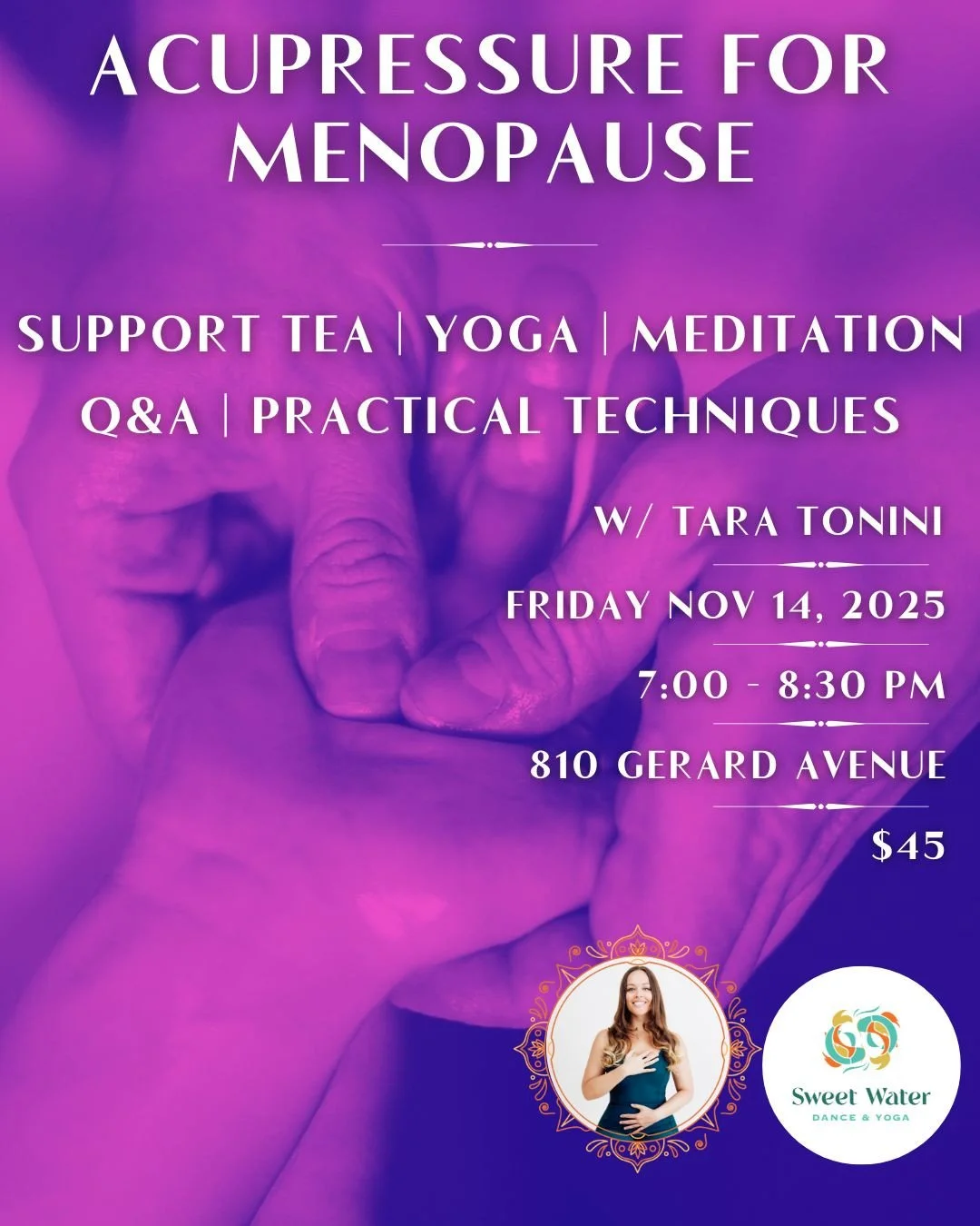 🌸 Acupressure for Menopause Workshop with Tara Tonini 🌸⁠
⁠
Join us for a nourishing afternoon blending Traditional Chinese Medicine, meditation, and self-acupressure to help balance hormones, ease tension, and support emotional well-being.⁠
⁠
✨ Lea