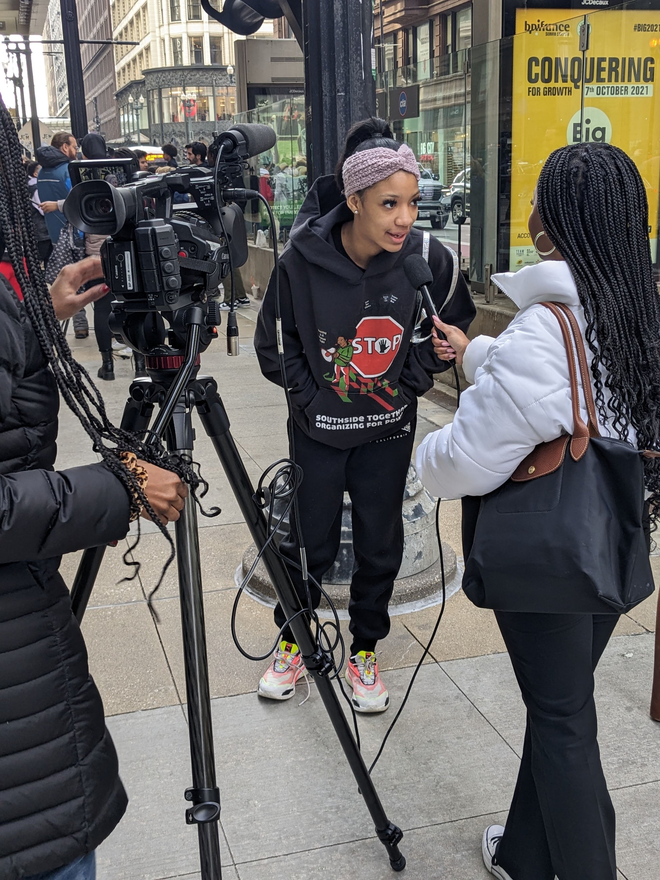   STOP youth member and Hyde Park Academy student Camaya Tate speaks to the news media  