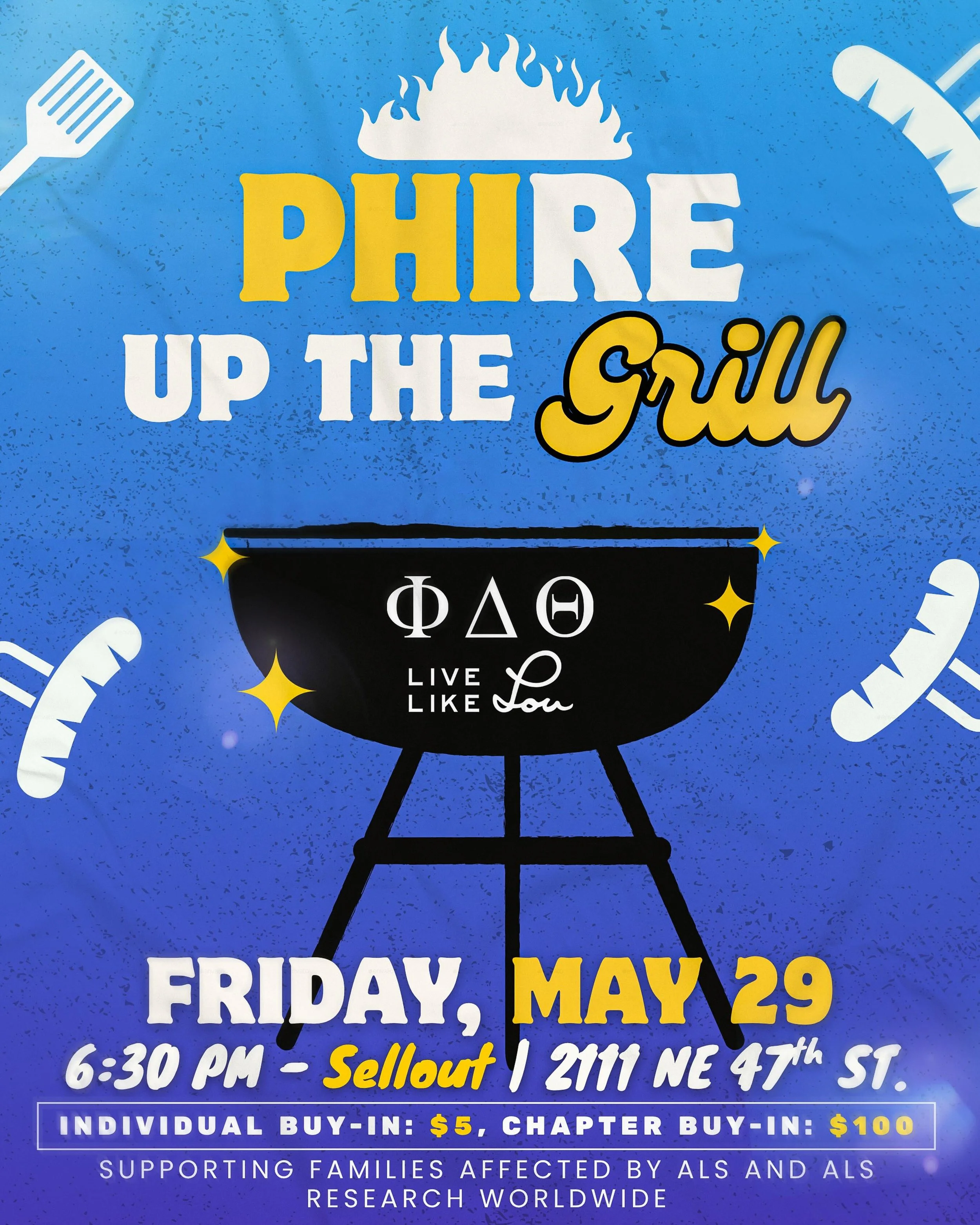 Phi Delta Theta is Phiring Up The Grill THIS FRIDAY at 6:30pm‼️🌭

Bring your friends to enjoy some dogs and good vibes☀️all while supporting ALS research and families through the Live Like Lou Foundation ⚔️💙

Individual buy-ins are $5, so bring you