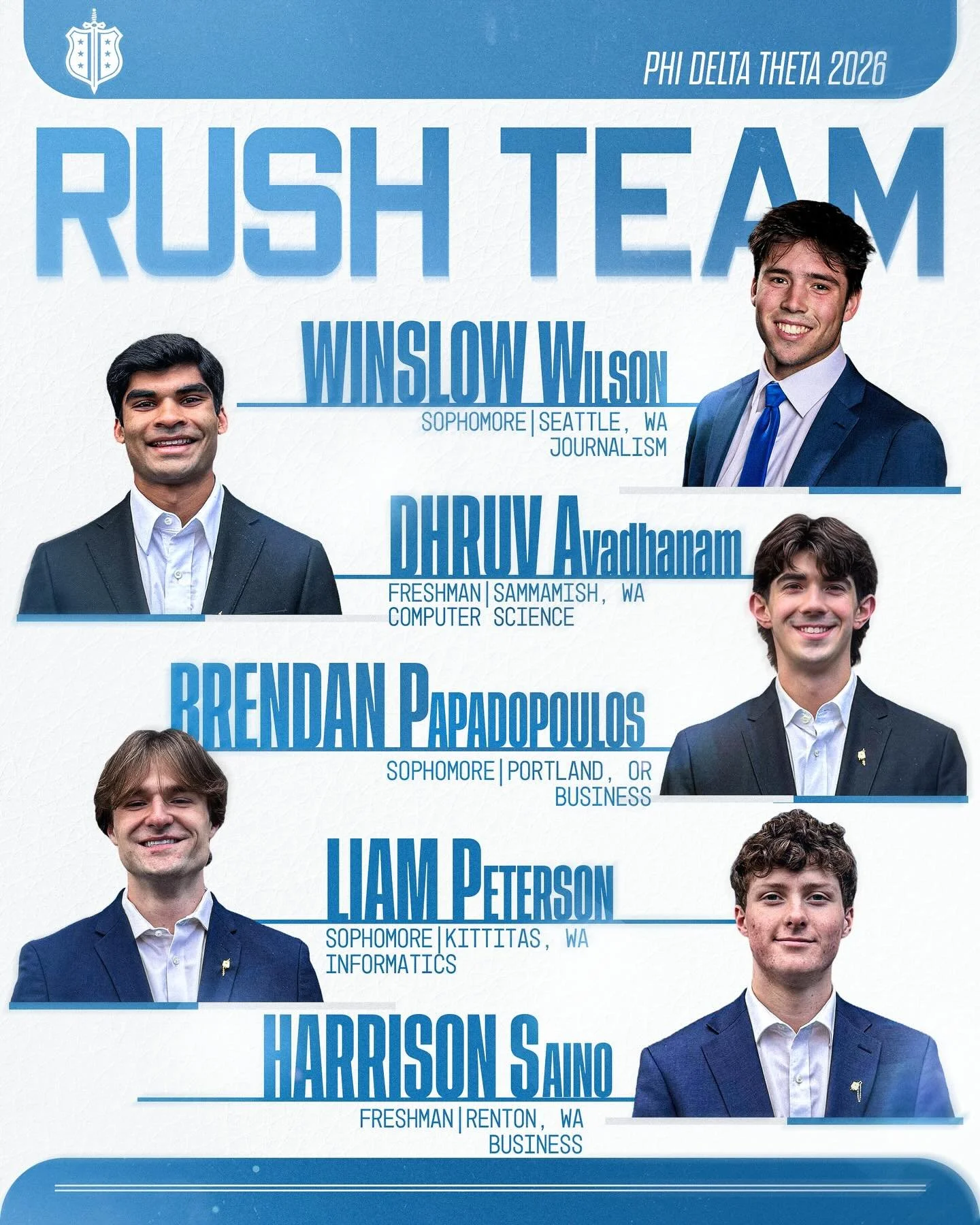 Phi Delta Theta is now rushing for Fall 2026!⚔️

Interested in learning more about rushing? Meet our team and get in contact with them today:

Winslow Wilson - 📞 206-471-2848
Liam Peterson - 📞 509-899-7281
Harrison Saino - 📞 303-886-2550
Brendan P
