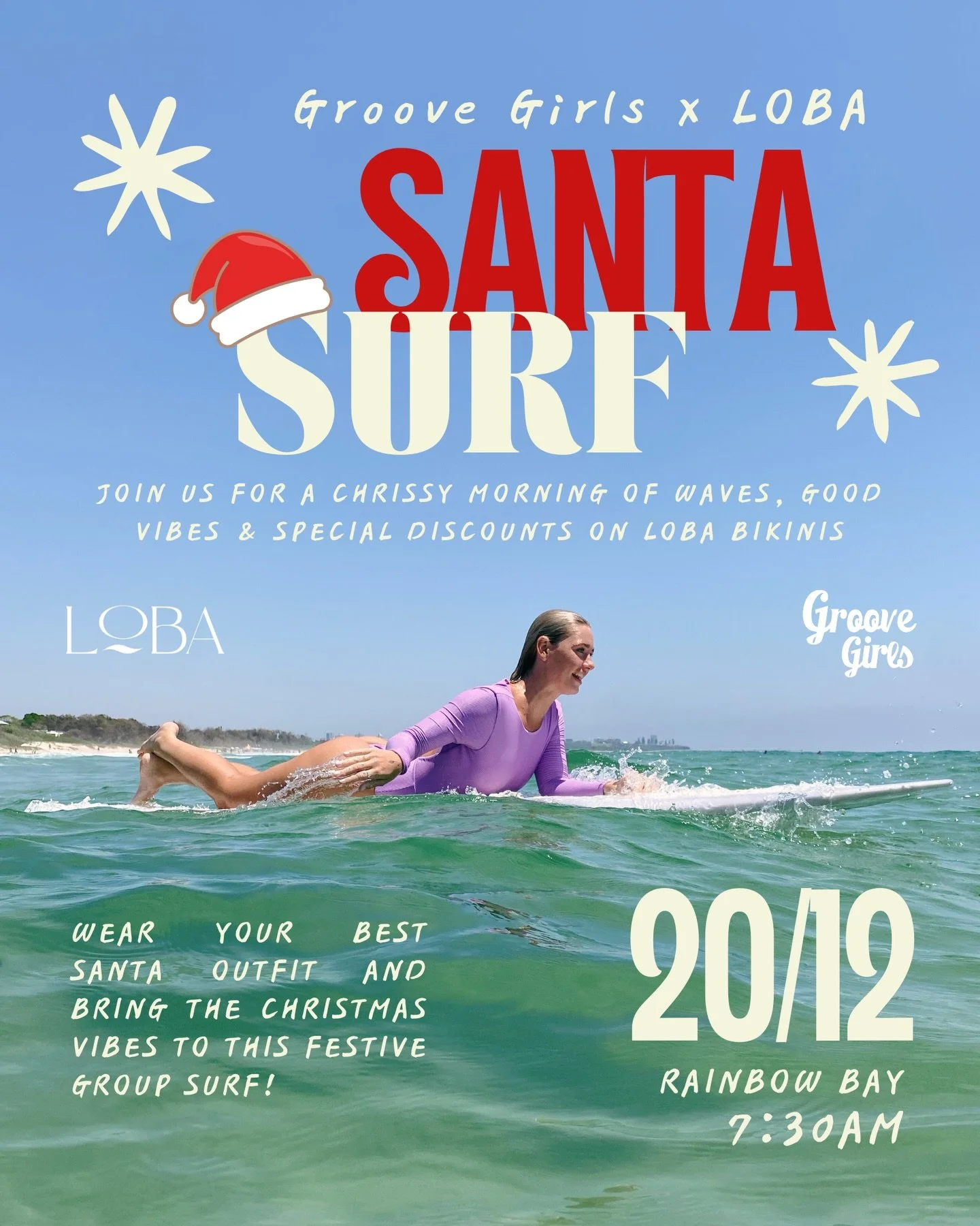 SANTA SURF ❤️&zwj;🔥🎄🏄🏼&zwj;♀️ Saturday 20th December 7:30am QLD time @ Rainbow Bay ✨🎅 We&rsquo;ve teamed up with @theloba_official to bring our most festive group surf of the year to Rainbow Bay. Think waves, sunshine, good vibes &amp; discounts
