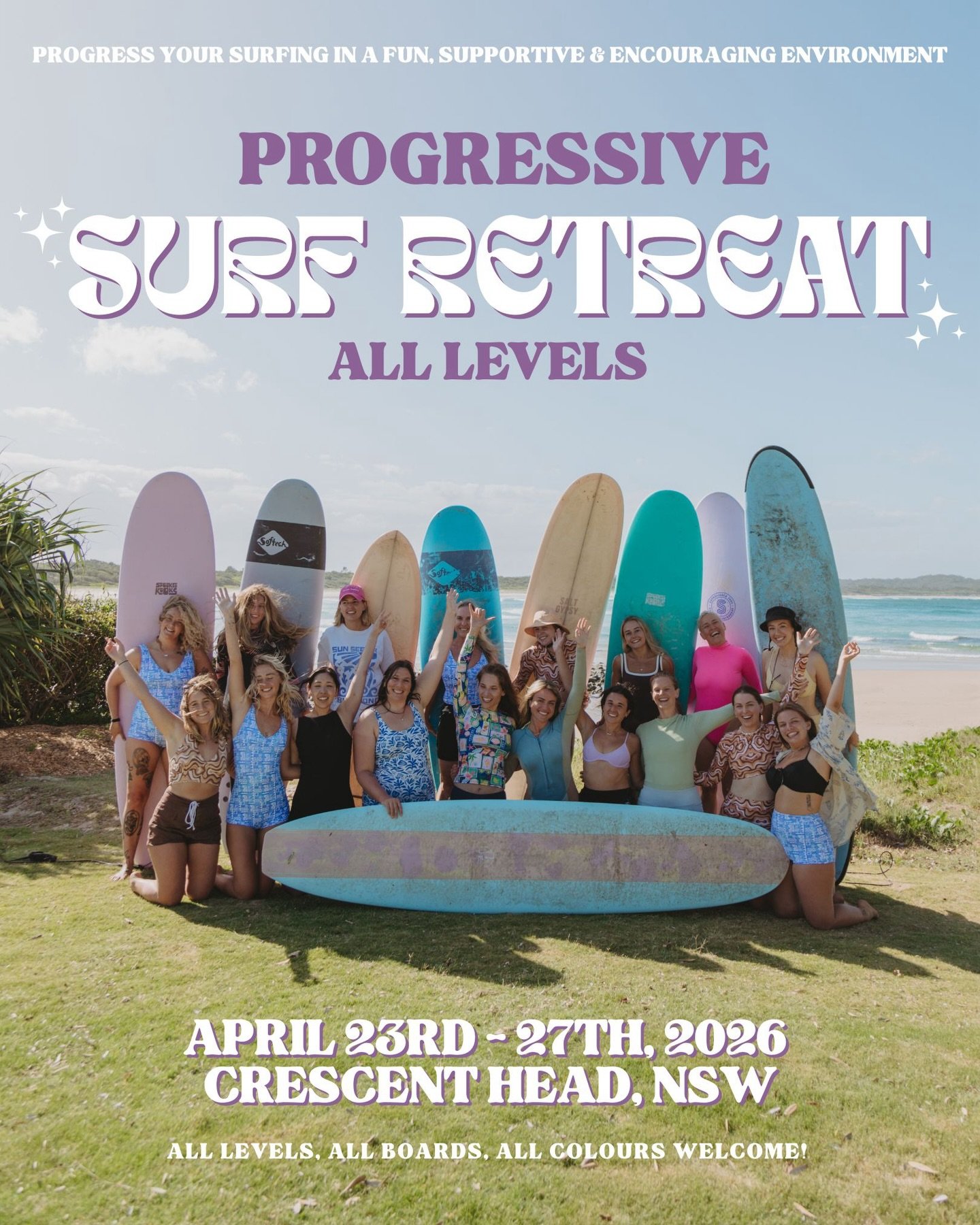 BOOKINGS ARE LIVE!! All Levels Progressive Surf Retreat, Crescent Head 2026 🏄🏼&zwj;♀️ 23rd - 27th April 2026 🌈💗✨ We are soo excited to be heading back to one of our favourite surf spots in Australia and bringing you with us for another amazing su