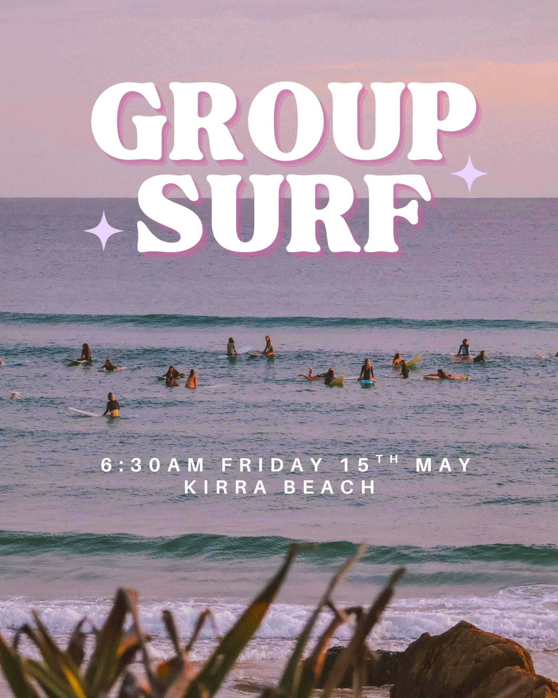 GROUP SURF 🏄🏼&zwj;♀️🐬✨ - Friday 15th May 6:30am @ Kirra Beach 🌈 Come join us for a lovely morning of waves, sunshine, meeting new pals &amp; supporting each other in the water ⭐️ ALL AGES, COLOURS, LEVELS &amp; BOARDS 

✨ 6:30am - Meet in front o