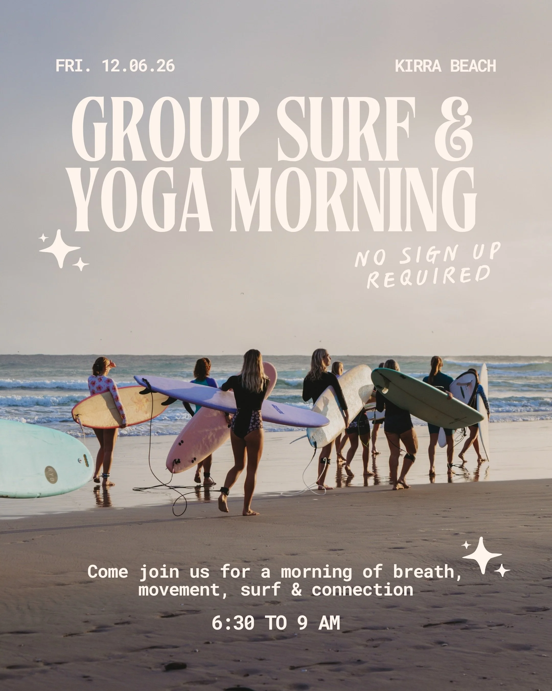 GROUP SURF &amp; YOGA MORNING 🌺🌴🏄🏽&zwj;♀️ Friday 12th June 6:30am @ Kirra Beach 🌈 @groovegirls @slidesister &amp; @flowstatebyjamie are teaming up to bring you a lovely morning of yoga, breath, movement, surf &amp; connection ✨

📍6:30am - Meet 