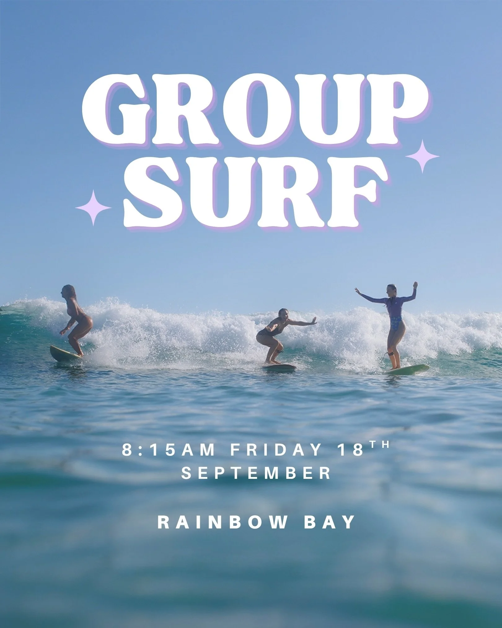 GROUP SURF 🏄🏽&zwj;♀️✨💕 Friday 18th September 8:15am @ Rainbow Bay 🌈 Meet next to playground at end of Ward St. We couldn&rsquo;t be more excited to be back hosting group surfs again after some time out of the water whilst we welcomed our first ba