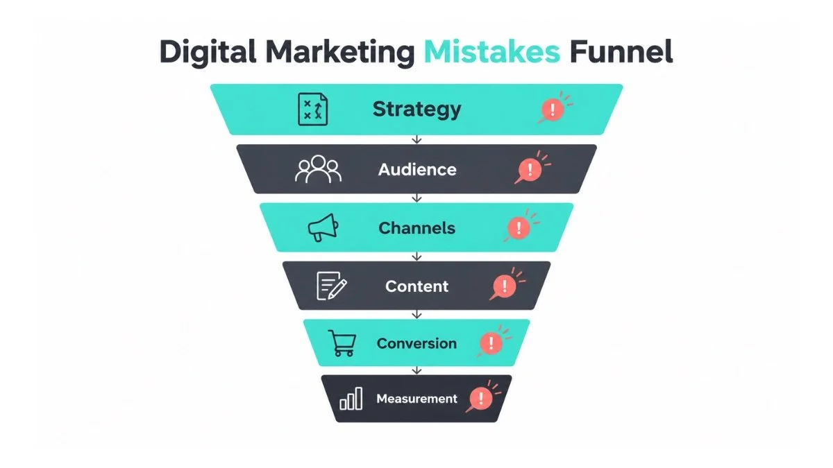 Digital marketing mistakes funnel showing 6 key stages: strategy, audience, channels, content, conversion, and measurement.