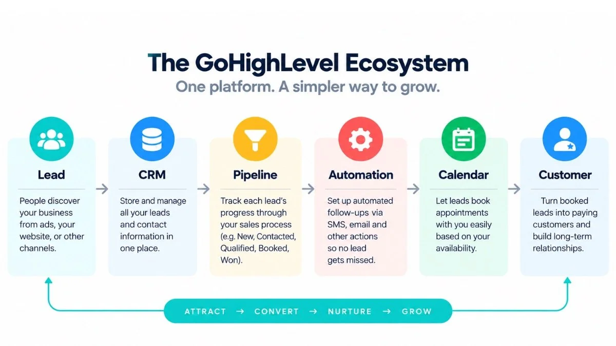 Infographic titled “The GoHighLevel Ecosystem” shows a simple growth platform with six connected stages: Lead, CRM, Pipeline, Automation, Calendar, and Customer.
