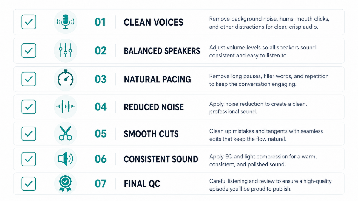 podcast editing quality checklist