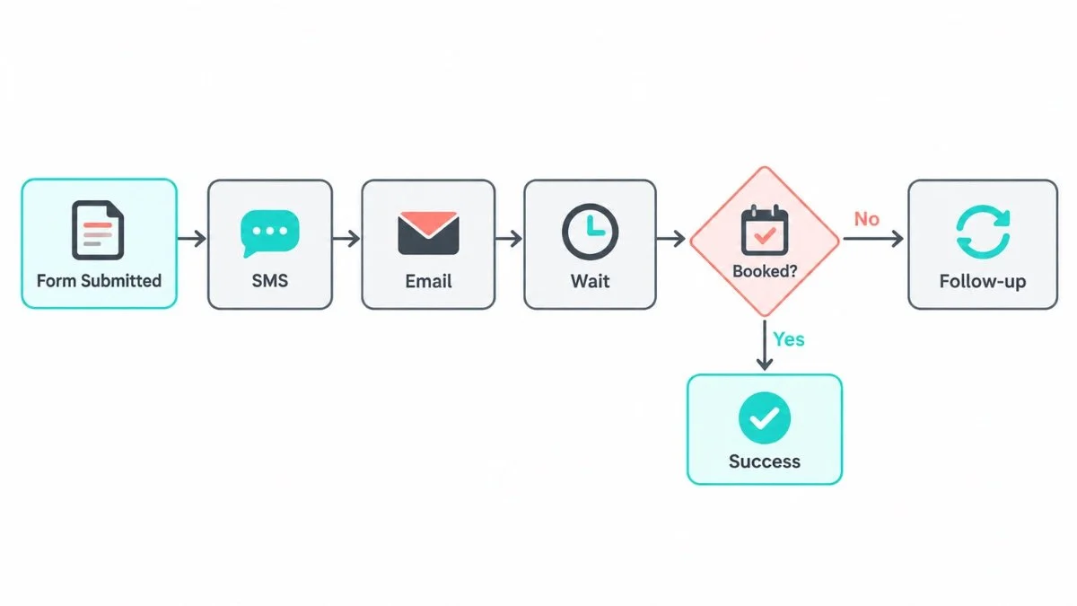 A clean workflow diagram shows Form Submitted → SMS → Email → Wait, then a “Booked?” decision: Yes leads to Success; No leads to Follow-up.