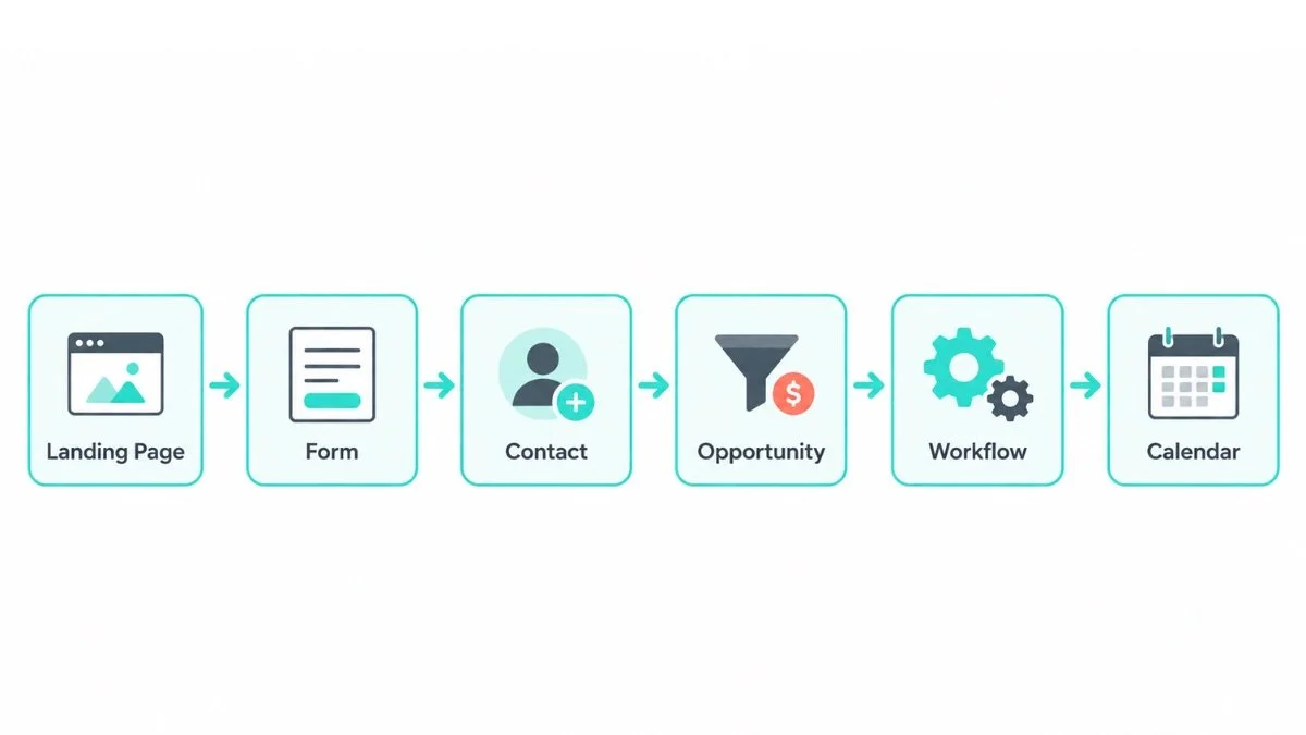 A teal workflow diagram links six steps—Landing Page, Form, Contact, Opportunity, Workflow, and Calendar—with right-pointing arrows on a white background.