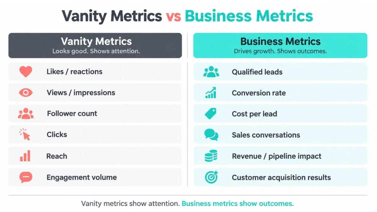 anity Metrics vs Business Metrics comparison chart listing vanity metrics like likes, views, and followers alongside business metrics like qualified leads, conversion rate, and revenue impact.