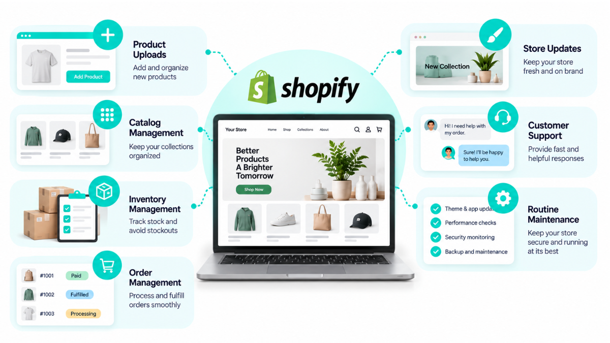 Shopify dashboard on a laptop surrounded by icons and text describing features like product uploads, catalog management, order fulfillment, store updates, customer support, and inventory management.