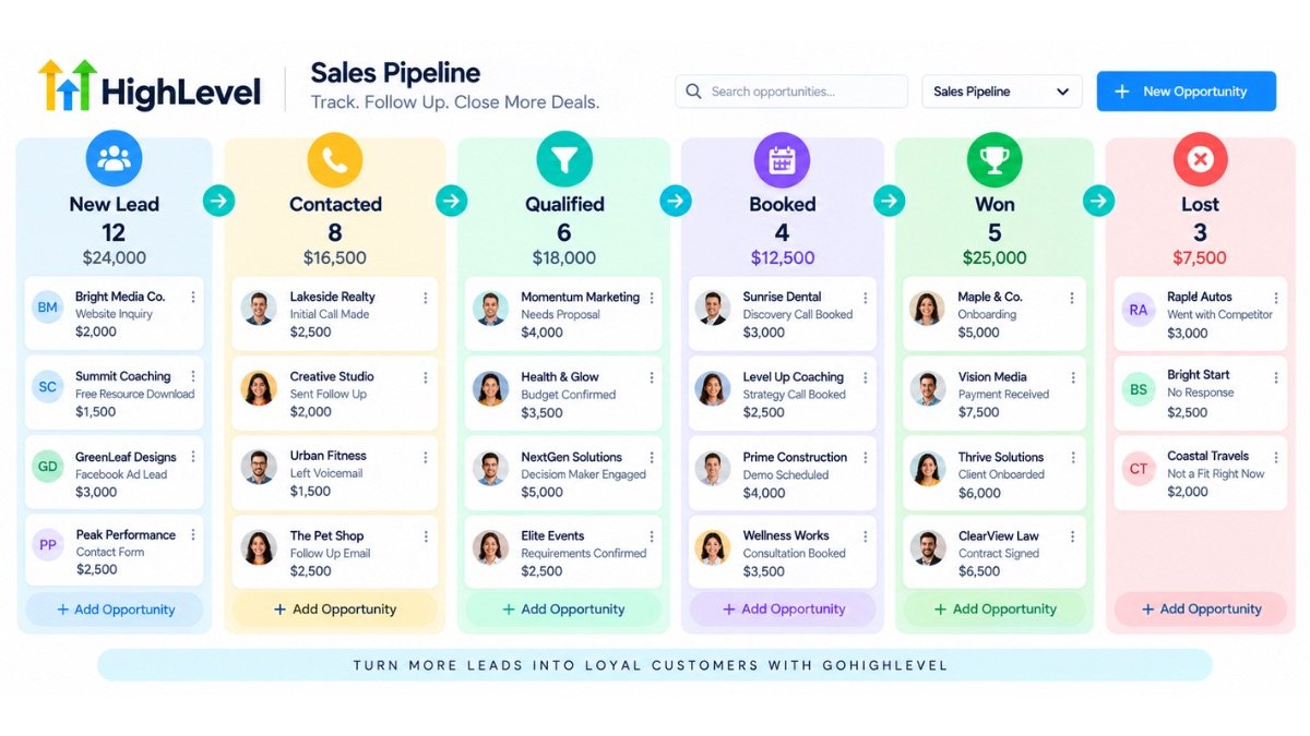 Sales Pipeline dashboard showing six color-coded stages from New Lead to Lost, with contact cards, deal values and progress indicators in a clean, organized interface.