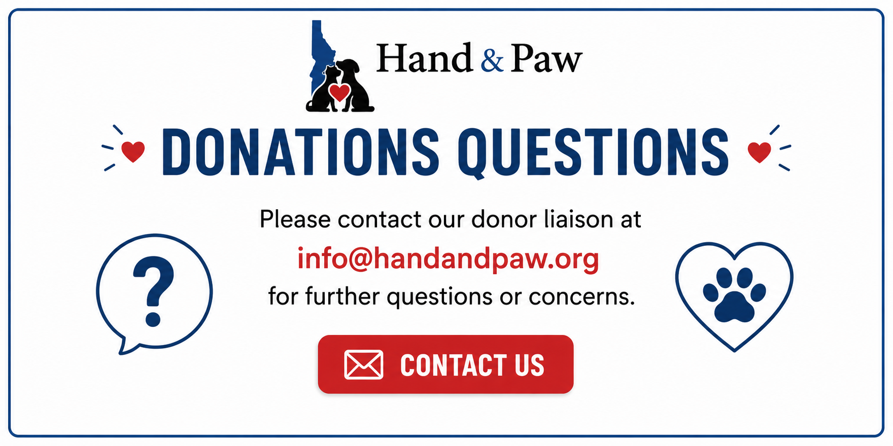 donation question graphic with teh info@handandpaw.org info