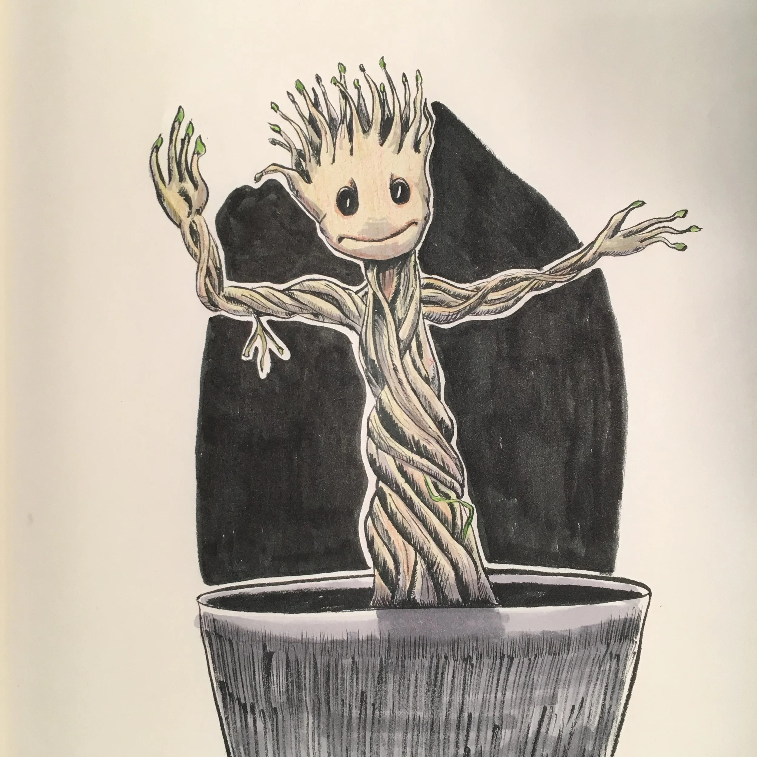 Baby Groot. Made with brush pen, Copic markers, Prismacolor pencils.