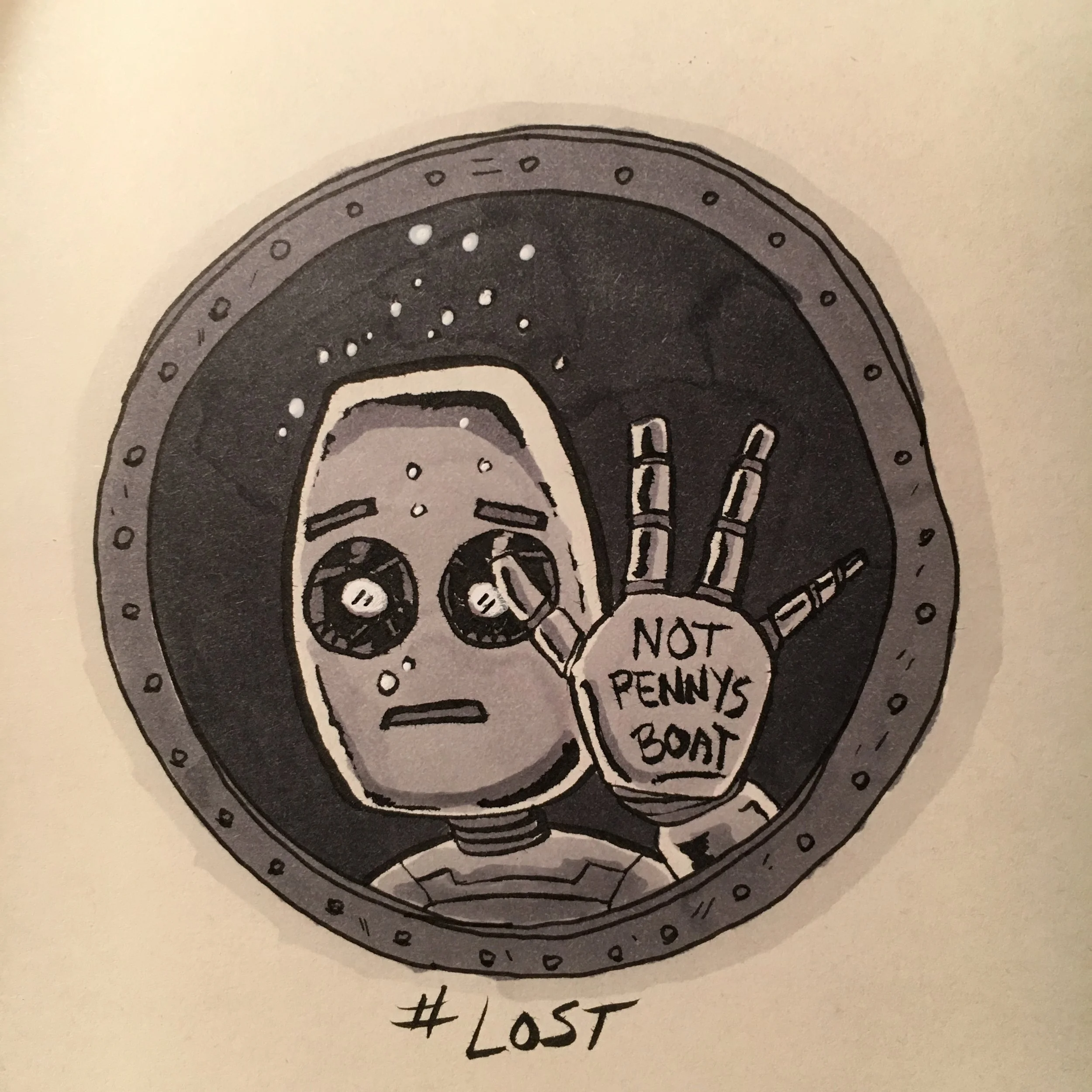 "Not Penny's Boat" Robot sketch for Inktober, inspired by LOST. Made with brush pen and Copic markers.