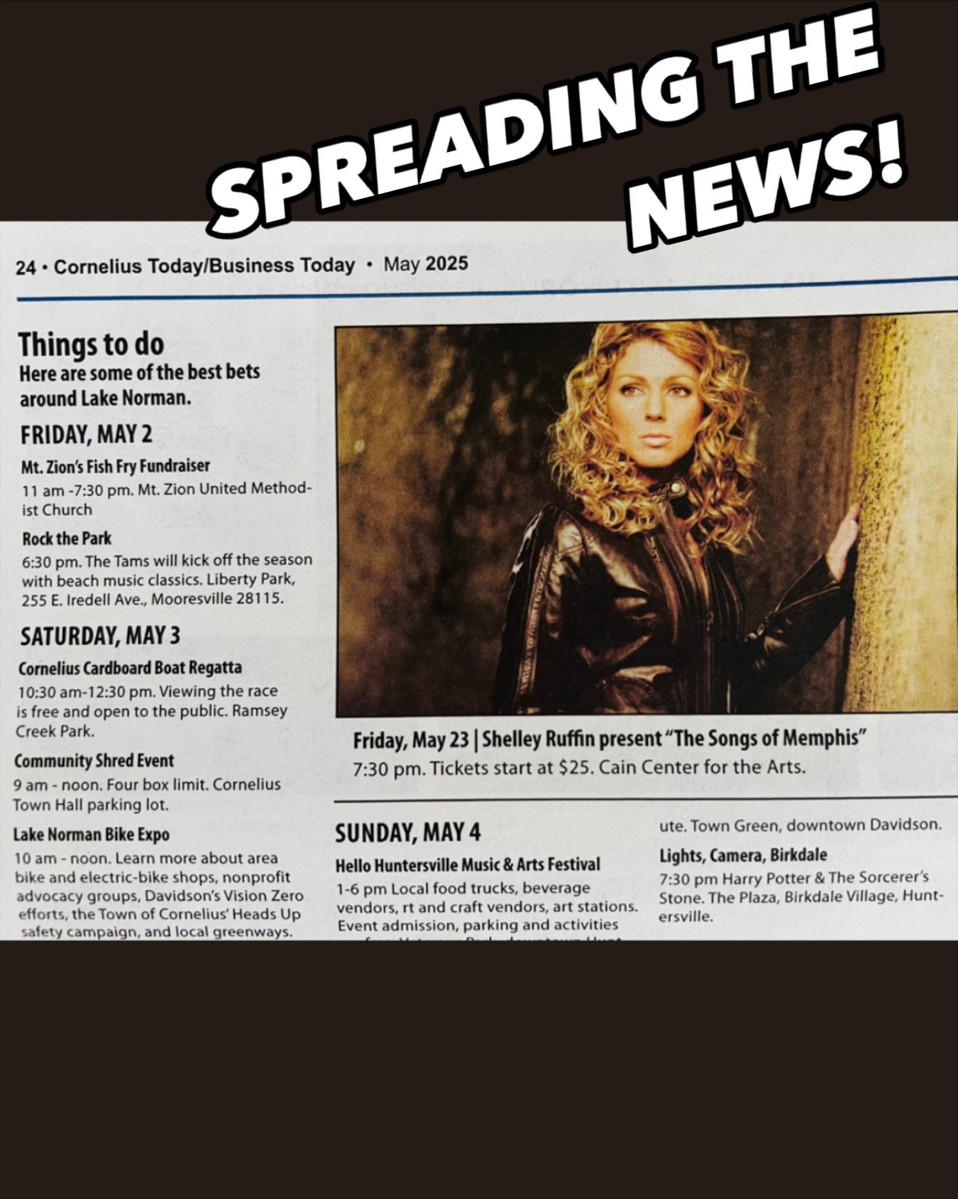 Thanks @cornelius_today for helping to SPREAD THE NEWS!!!! Get your tickets now and plan to join us Friday, May 23rd, @caincenterforthearts as Shelley Ruffin, along with her 10 piece band of world class musicians present &ldquo;The Sounds of Memphis&