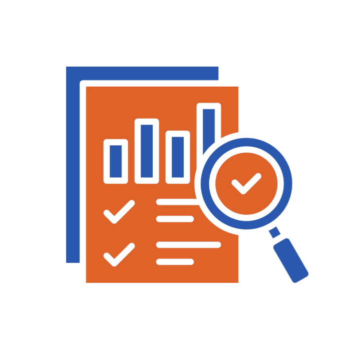 Blue and orange papers with a blue magnifying glass in the lower right corner, and a blue bar chart on the first page.