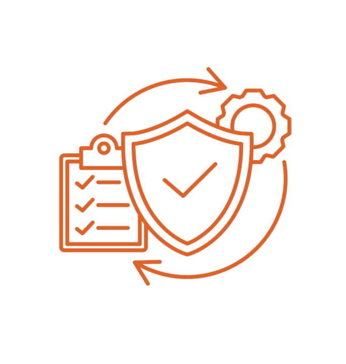 Orange shield icon with clipboard icon to its left and gear icon on its right, with two curved arrow icons forming a circle around them.