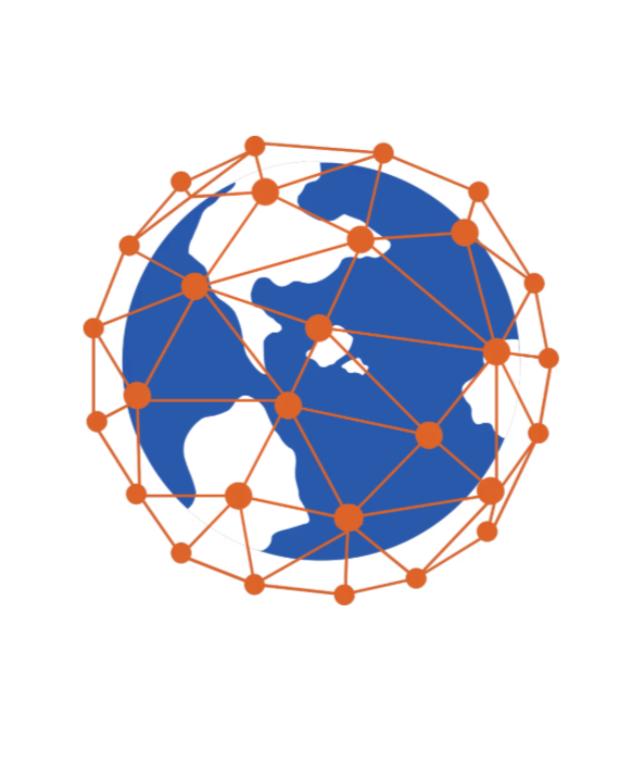 Blue and white simplified globe icon with orange dots connected across its surface like a web.