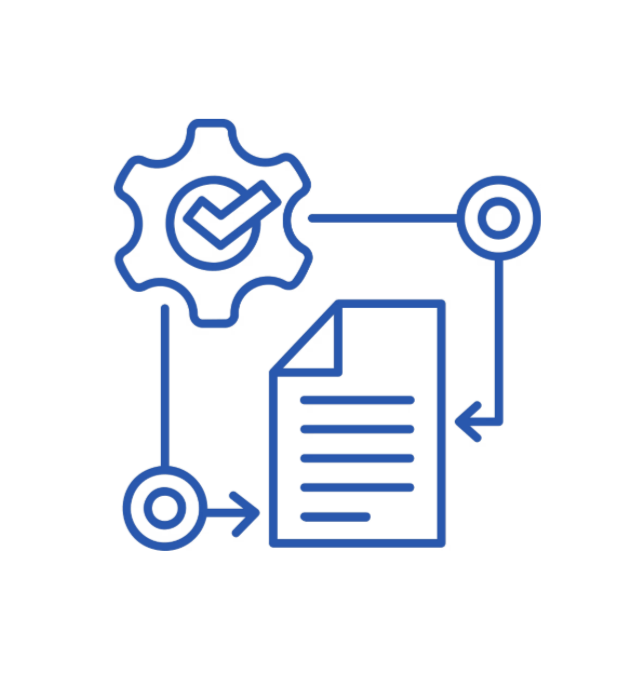 Blue gear with check mark in the middle with arrows pointing toward a document icon.