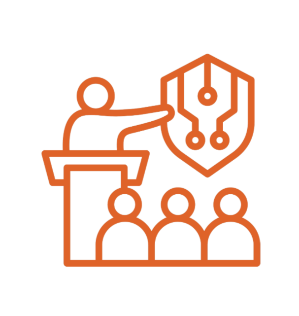 Orange icon showing a public speaker at a podium pointing to a shield in front of a crowd of three people.