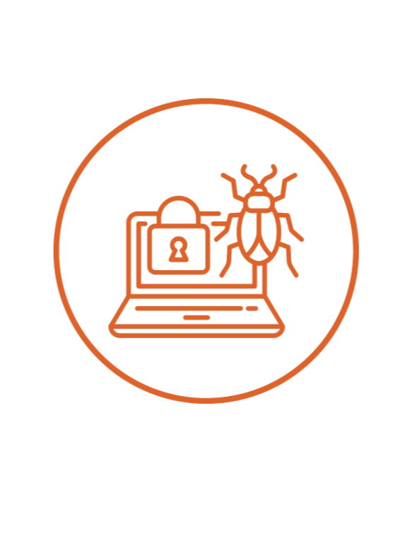 Orange computer icon with lock and bug icon on its screen.