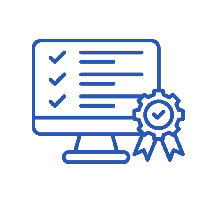 Blue computer monitor icon with a gear-shaped ribbon attached to the lower right side.