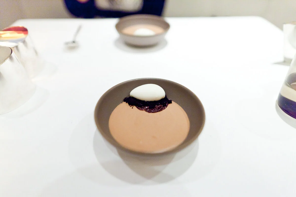 Caramelia Mousse - Manjari cream, milk ice cream, cocoa nib dentelle