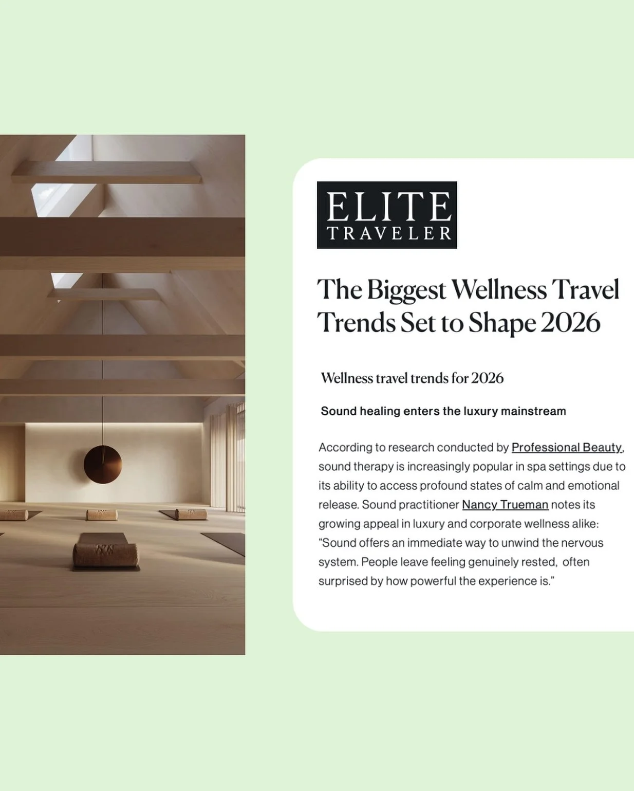 Love this @elitetraveler piece perfectly combining @mytruenorthyoga &lsquo;s love for sound and travel! ✨ @geeleighbee 🤍