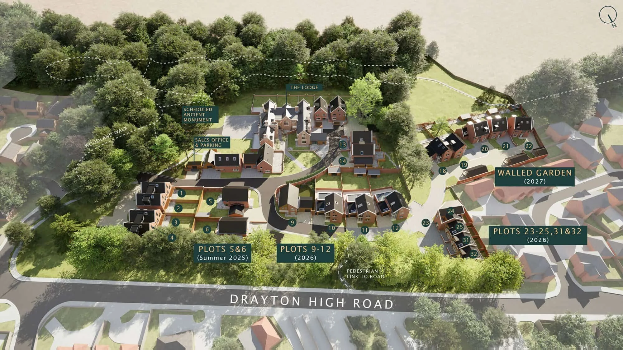 Aerial CGI site plan of The Lodge development at Drayton, Norfolk