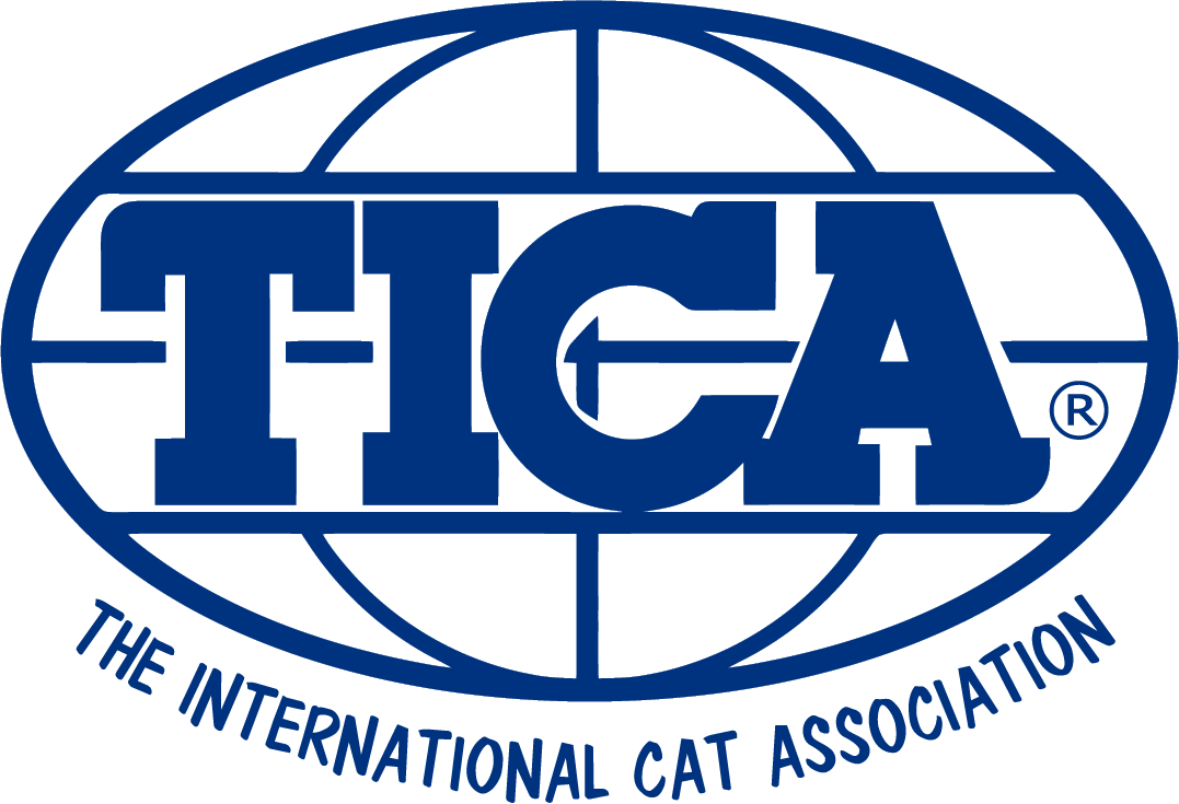 Blue logo of The International Cat Association (TICA) with bold letters inside an oval resembling a globe, conveying a global reach and professional tone.