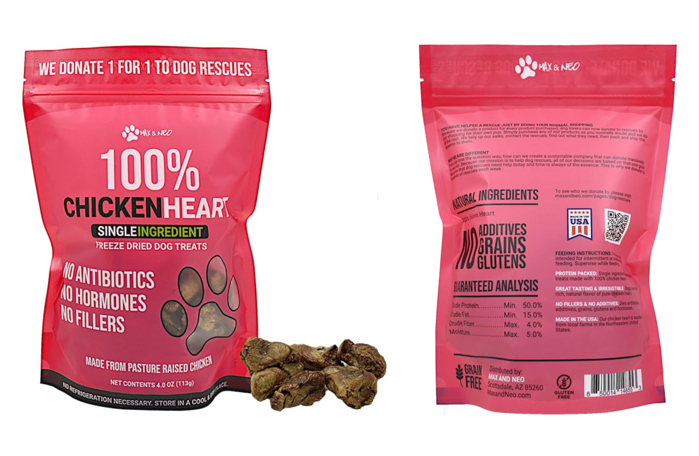Pink packaging of Max & Neo's 100% Chicken Heart dog treats. Labels emphasize natural ingredients, with no additives or fillers. Treats visible.