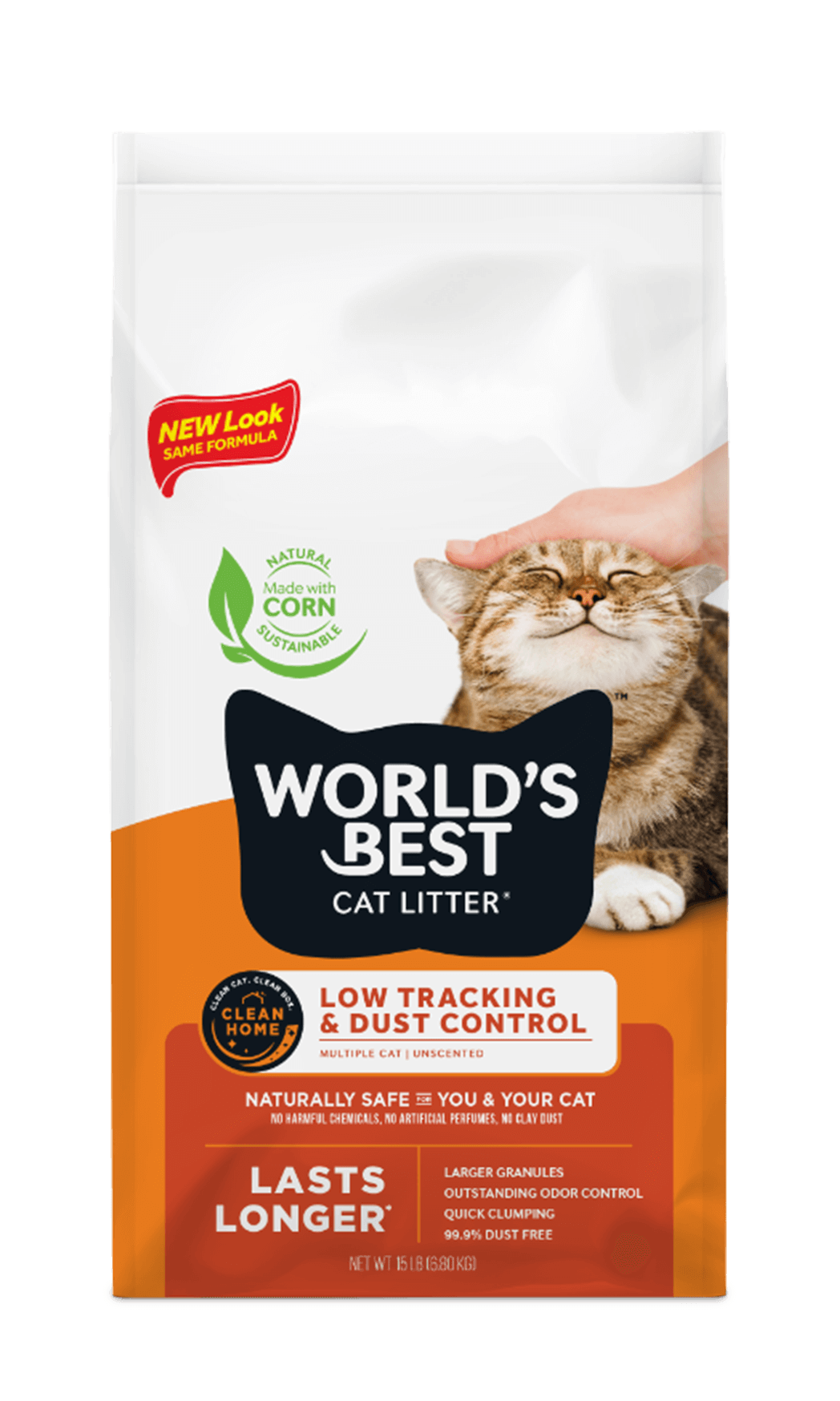 The image shows a bag of "World's Best Cat Litter" with a smiling cat being petted. The design highlights dust control, safety, and eco-friendly elements.