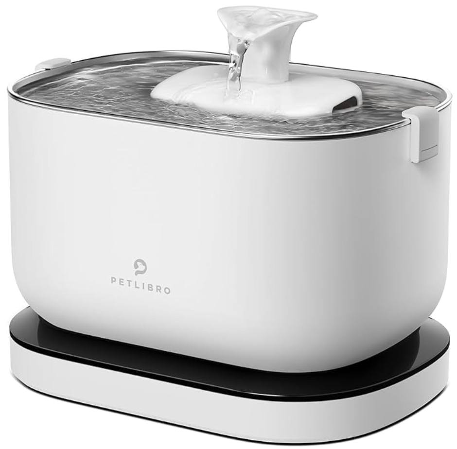 Sleek white pet water fountain with a flowing spout, branded Petlibro. Oval design on a black base, conveying modern and clean aesthetics.