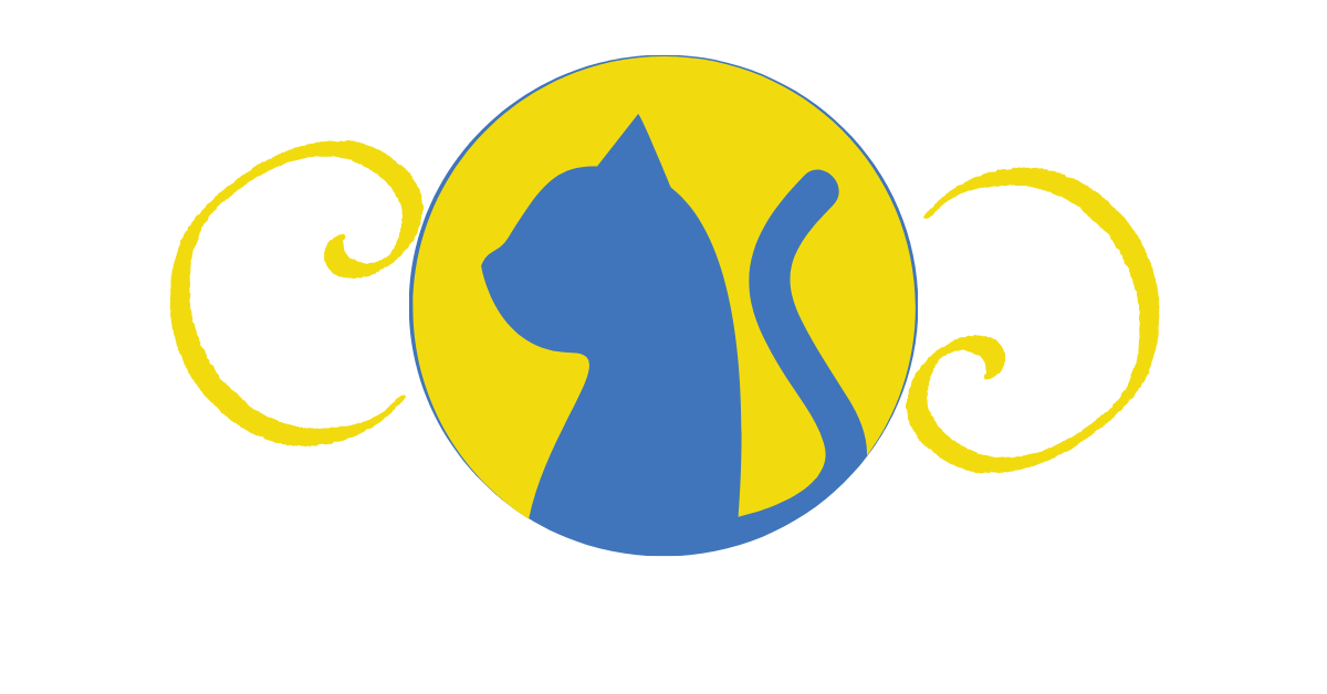 A blue cat silhouette is centered within a yellow circle, flanked by yellow swirls, on a black background. The text "Cat Skills Cattery" is below.